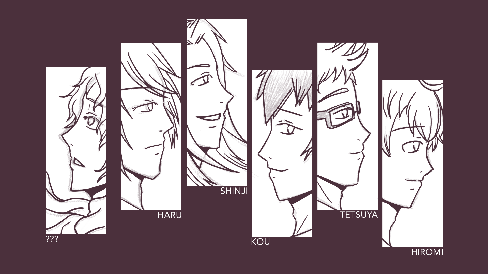 Draft of a promotional visual with the 6 love interests of Another Story