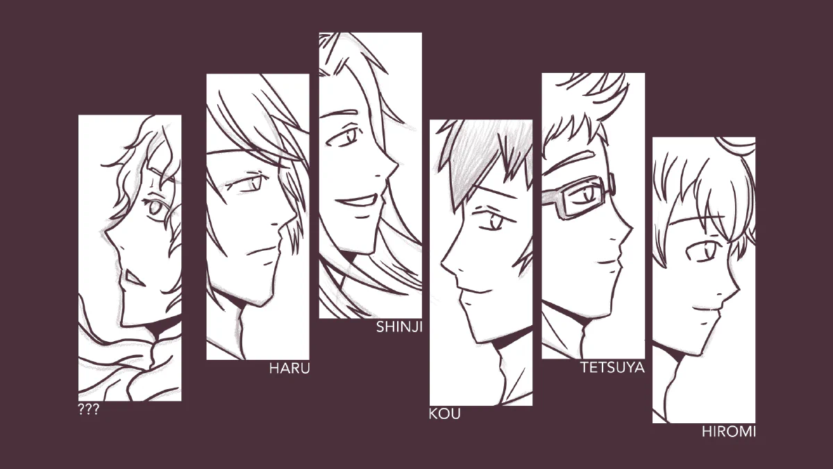 Draft of a promotional visual with the 6 love interests of Another Story